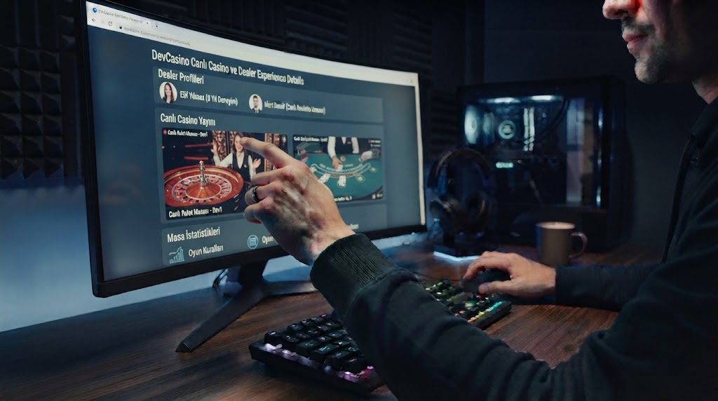 devcasino canlı casino ve krupiye deneyimi detaylarını bilgisayar ekranından inceleyen oyuncunun elleri.
