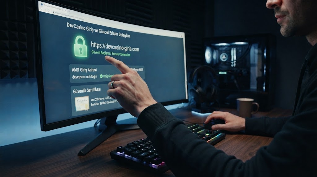 devcasino giriş ve güncel erişim detaylarını bilgisayar ekranından inceleyen oyuncunun elleri.