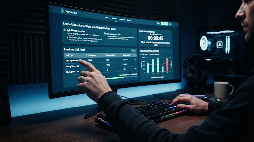 devcasino sorumlu oyun ve dijital bütçe disiplini detaylarını bilgisayar ekranından inceleyen oyuncunun elleri.
