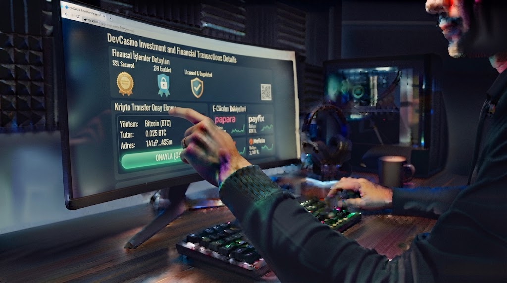 devcasino yatırım ve finansal işlemler detaylarını bilgisayar ekranından inceleyen oyuncunun elleri.